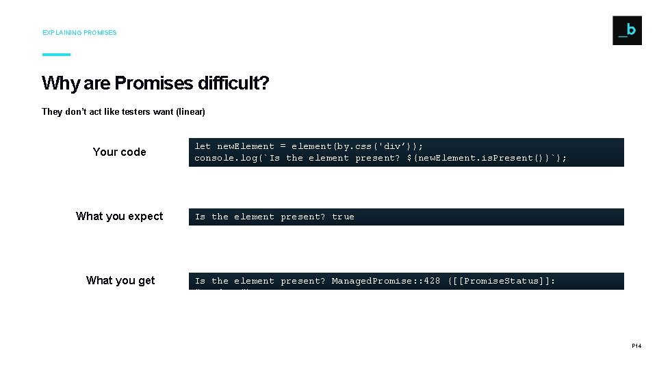 EXPLAINING PROMISES Why are Promises difficult? They don’t act like testers want (linear) Your EXPLAINING PROMISES Why are Promises difficult? They don’t act like testers want (linear) Your