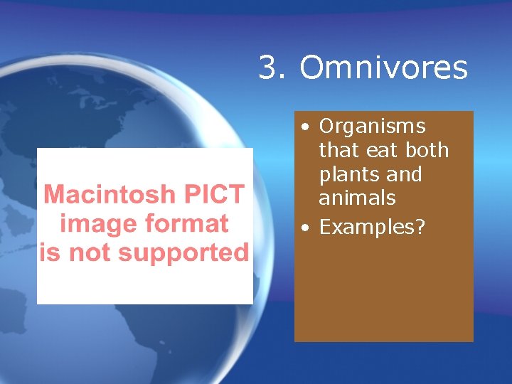 3. Omnivores • Organisms that eat both plants and animals • Examples? 