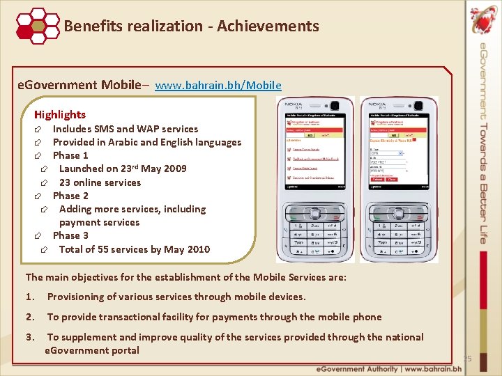 Benefits realization - Achievements e. Government Mobile– www. bahrain. bh/Mobile Highlights Includes SMS and