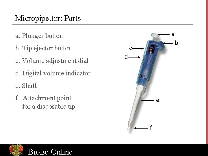 Micropipettor: Parts a a. Plunger button b. Tip ejector button c. Volume adjustment dial