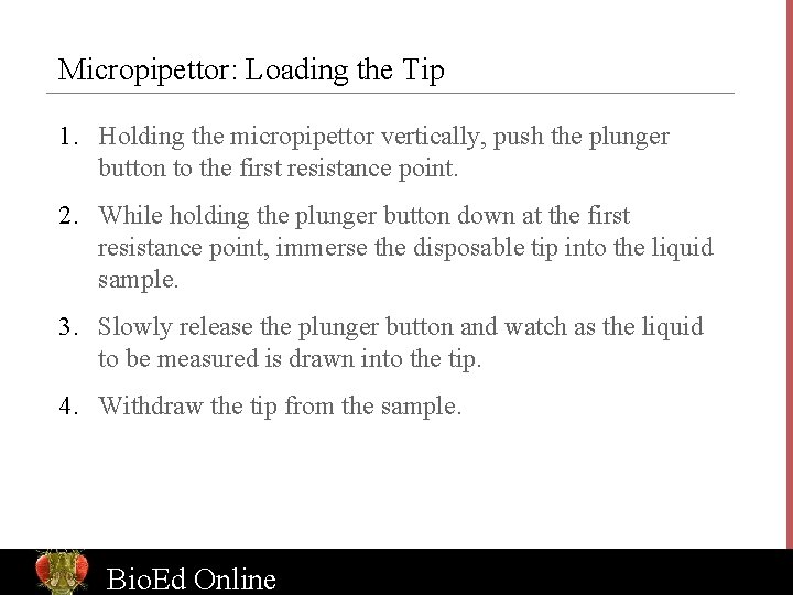 Micropipettor: Loading the Tip 1. Holding the micropipettor vertically, push the plunger button to