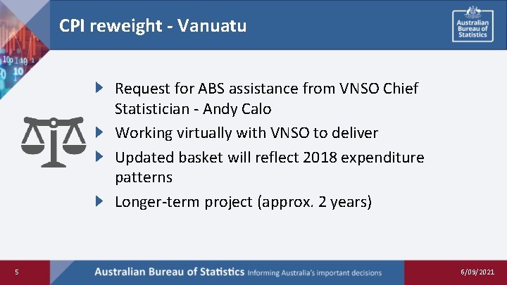 CPI reweight - Vanuatu Request for ABS assistance from VNSO Chief Statistician - Andy