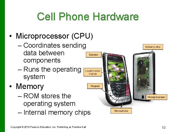 Cell Phone Hardware • Microprocessor (CPU) – Coordinates sending data between components – Runs