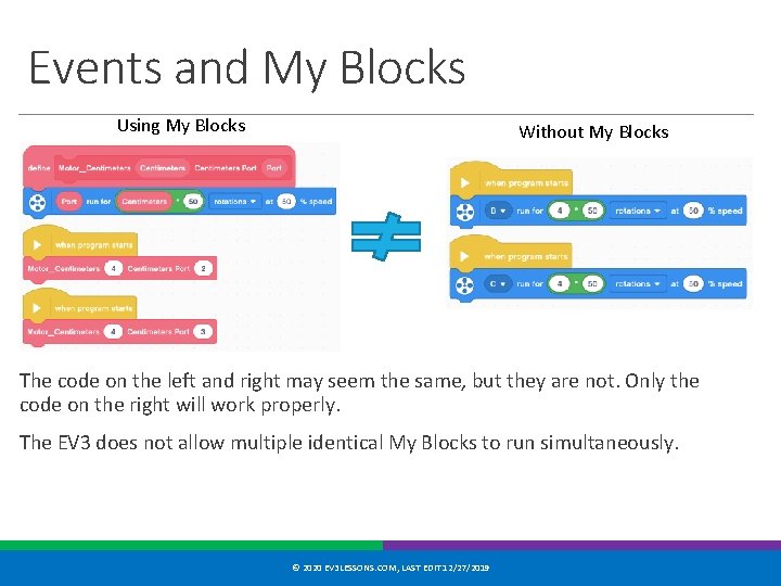 Events and My Blocks Using My Blocks Without My Blocks The code on the