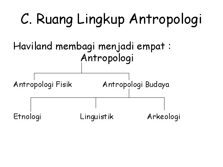 C. Ruang Lingkup Antropologi Haviland membagi menjadi empat : Antropologi Fisik Etnologi Antropologi Budaya