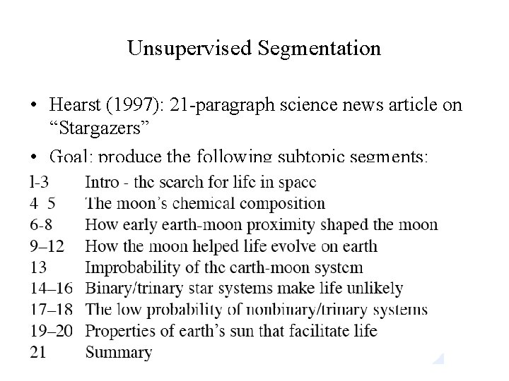 Unsupervised Segmentation • Hearst (1997): 21 -paragraph science news article on “Stargazers” • Goal: