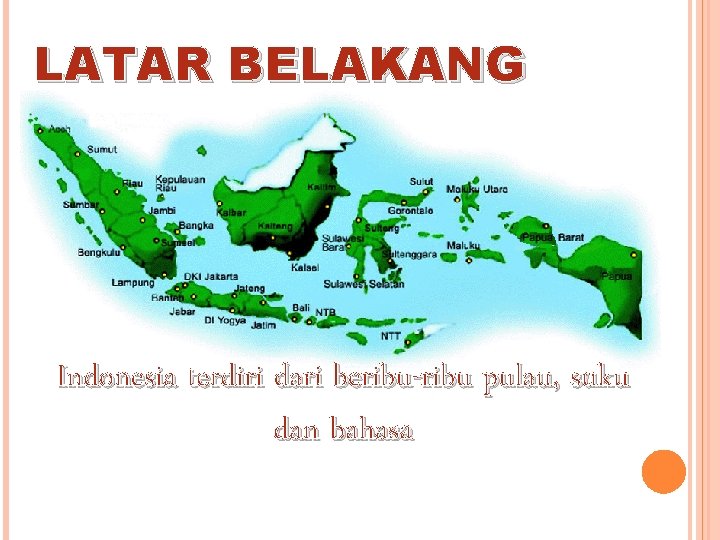 LATAR BELAKANG Indonesia terdiri dari beribu-ribu pulau, suku dan bahasa 