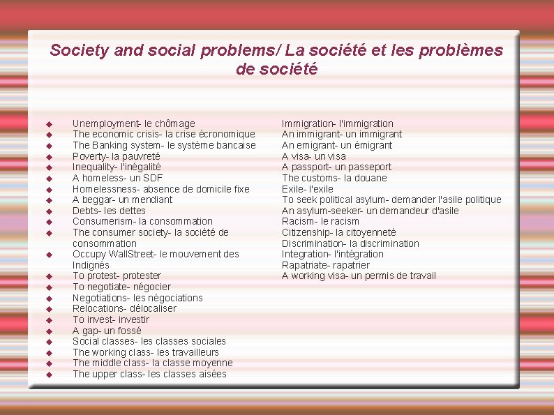 Society and social problems/ La société et les problèmes de société Unemployment- le chômage