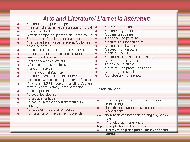 Arts and Literature/ L'art et la littérature A character- un personnage A novel- un