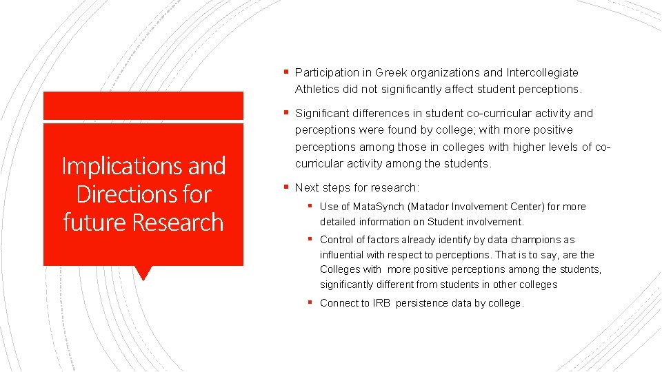 § Participation in Greek organizations and Intercollegiate Athletics did not significantly affect student perceptions.