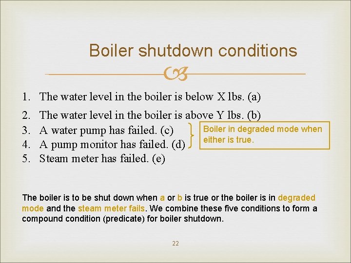 Boiler shutdown conditions 1. The water level in the boiler is below X lbs.