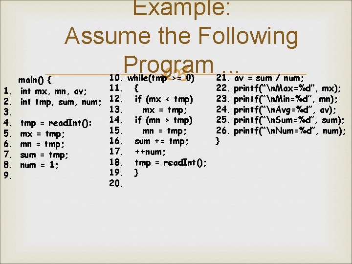 Example: Assume the Following Program. . . 10. while(tmp >= 0) main() { 11.