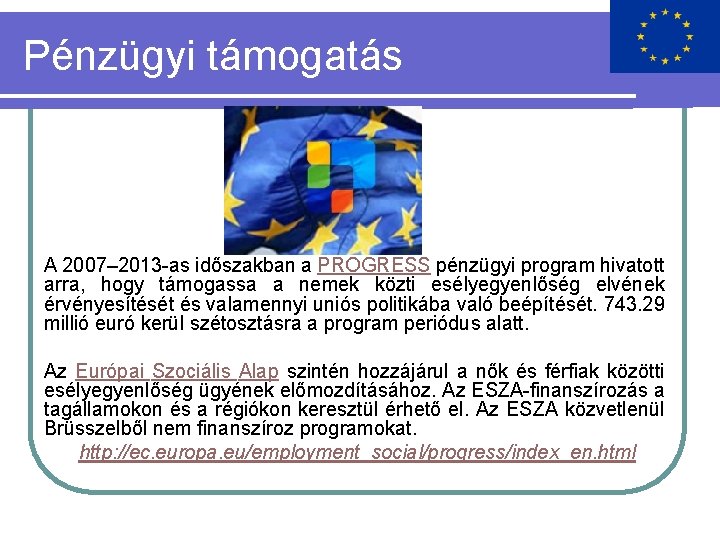 Pénzügyi támogatás A 2007– 2013 -as időszakban a PROGRESS pénzügyi program hivatott arra, hogy