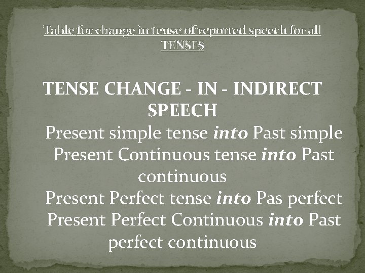 Table for change in tense of reported speech for all TENSES TENSE CHANGE -