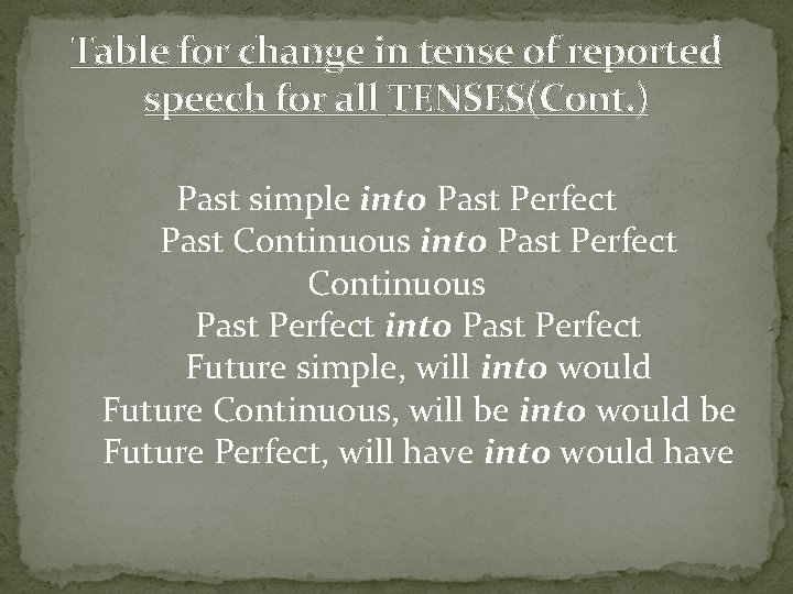 Table for change in tense of reported speech for all TENSES(Cont. ) Past simple