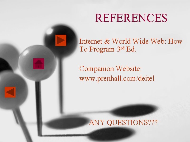 REFERENCES Internet & World Wide Web: How To Program 3 rd Ed. Companion Website: REFERENCES Internet & World Wide Web: How To Program 3 rd Ed. Companion Website: