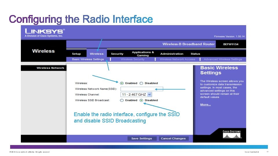 Enable the radio interface, configure the SSID and disable SSID Broadcasting © 2014 Cisco