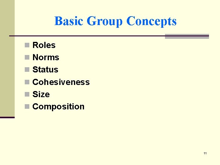 Basic Group Concepts n Roles n Norms n Status n Cohesiveness n Size n