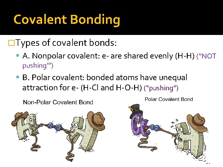 Covalent Bonding �Types of covalent bonds: A. Nonpolar covalent: e- are shared evenly (H-H)