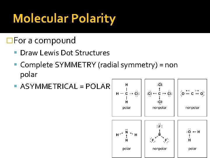 Molecular Polarity �For a compound Draw Lewis Dot Structures Complete SYMMETRY (radial symmetry) =