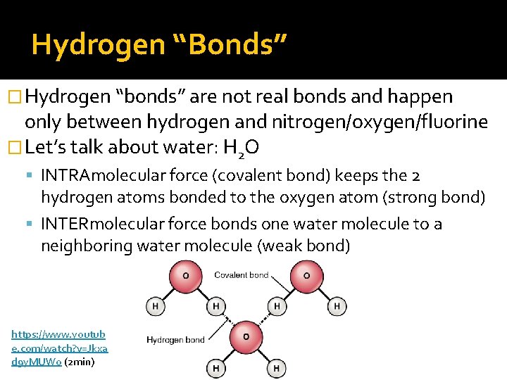 Hydrogen “Bonds” �Hydrogen “bonds” are not real bonds and happen only between hydrogen and