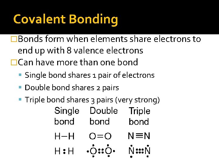 Covalent Bonding �Bonds form when elements share electrons to end up with 8 valence