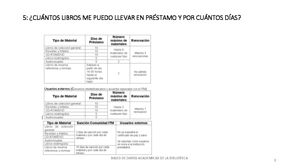 5: ¿CUÁNTOS LIBROS ME PUEDO LLEVAR EN PRÉSTAMO Y POR CUÁNTOS DÍAS? BASES DE