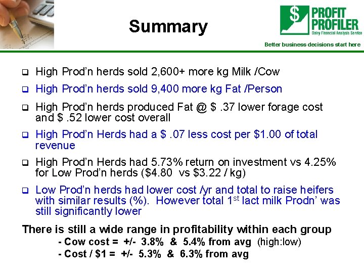 Summary Better business decisions start here q High Prod’n herds sold 2, 600+ more