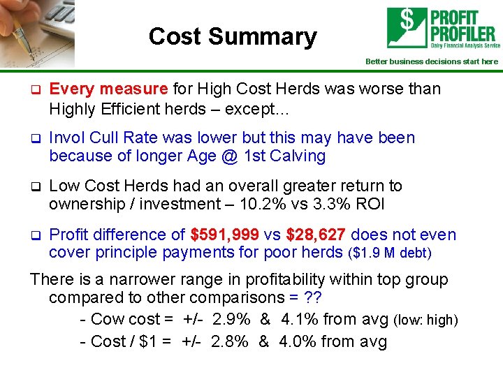 Cost Summary Better business decisions start here q Every measure for High Cost Herds