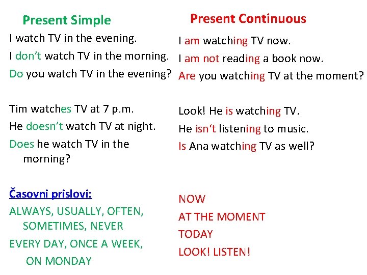 Present Simple Present Continuous I watch TV in the evening. I am watching TV