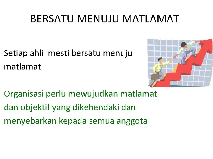 BERSATU MENUJU MATLAMAT Setiap ahli mesti bersatu menuju matlamat Organisasi perlu mewujudkan matlamat dan