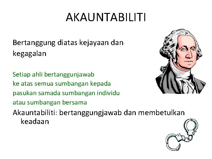 AKAUNTABILITI Bertanggung diatas kejayaan dan kegagalan Setiap ahli bertanggunjawab ke atas semua sumbangan kepada