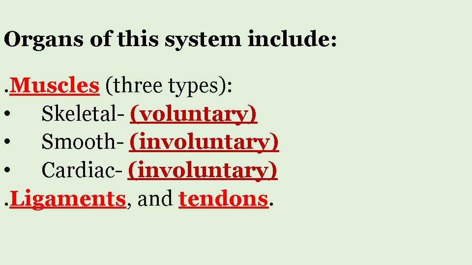 Organs of this system include: . Muscles (three types): • Skeletal- (voluntary) • Smooth-
