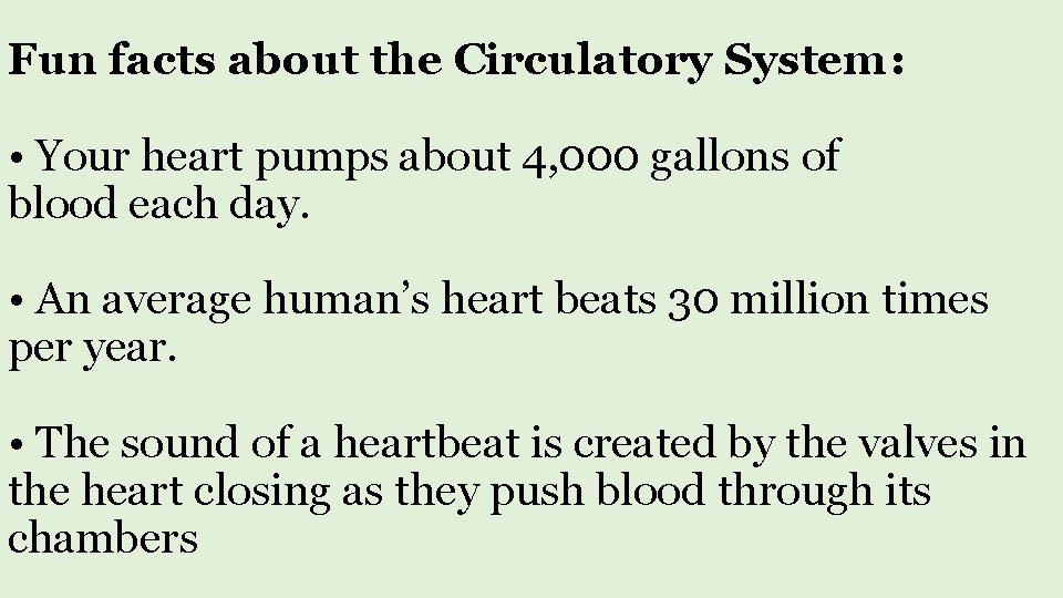 Fun facts about the Circulatory System: • Your heart pumps about 4, 000 gallons