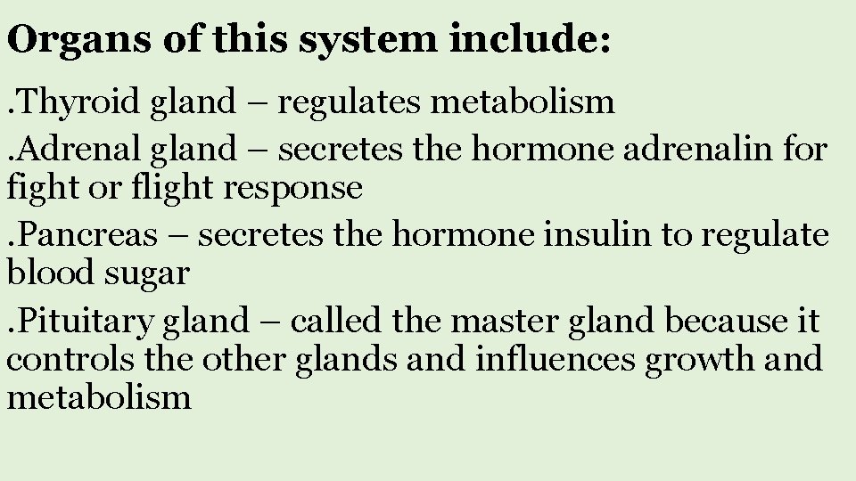 Organs of this system include: . Thyroid gland – regulates metabolism. Adrenal gland –