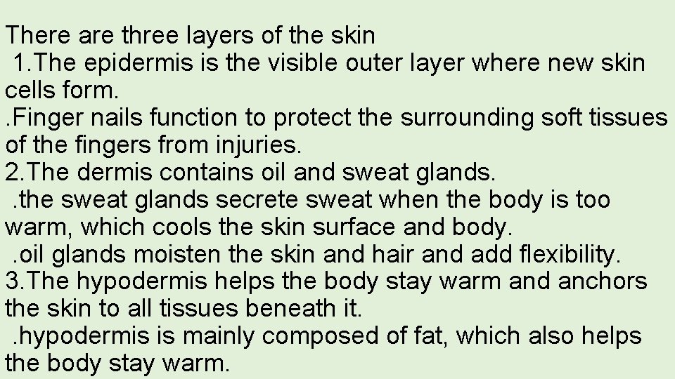 There are three layers of the skin 1. The epidermis is the visible outer