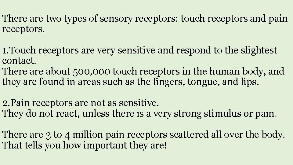 There are two types of sensory receptors: touch receptors and pain receptors. 1. Touch