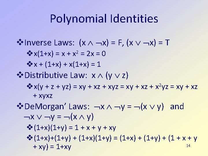 Polynomial Identities Inverse Laws: (x x) = F, (x x) = T x(1+x) =