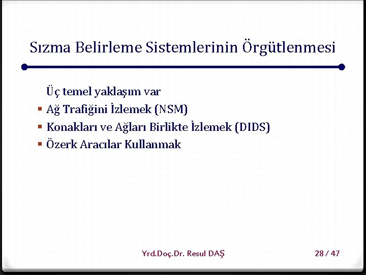Sızma Belirleme Sistemlerinin Örgütlenmesi Üç temel yaklaşım var § Ağ Trafiğini İzlemek (NSM) §