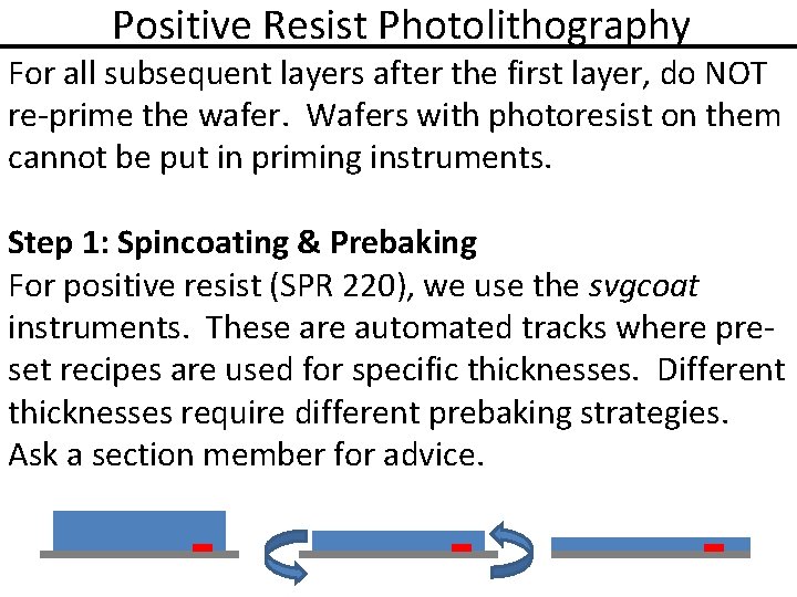 Positive Resist Photolithography For all subsequent layers after the first layer, do NOT re-prime