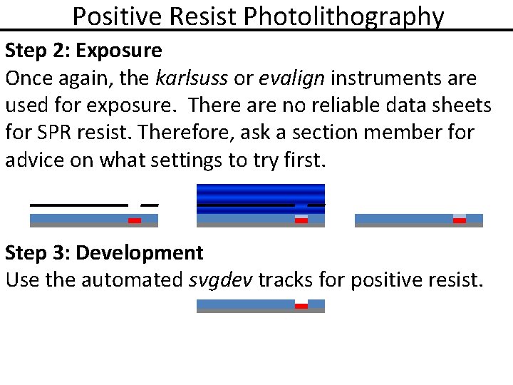 Positive Resist Photolithography Step 2: Exposure Once again, the karlsuss or evalign instruments are