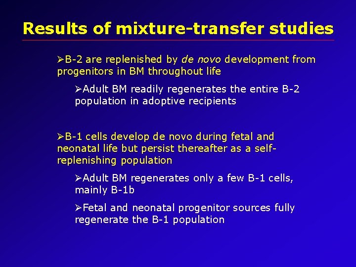 Results of mixture-transfer studies ØB-2 are replenished by de novo development from progenitors in