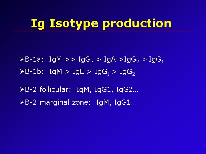Ig Isotype production ØB-1 a: Ig. M >> Ig. G 3 > Ig. A