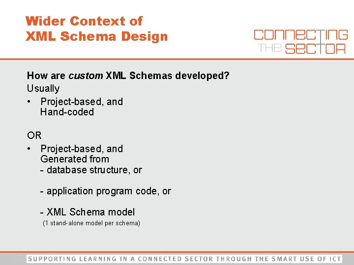 Wider Context of XML Schema Design How are custom XML Schemas developed? Usually •
