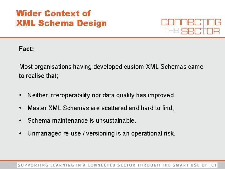 Wider Context of XML Schema Design Fact: Most organisations having developed custom XML Schemas