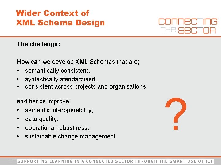Wider Context of XML Schema Design The challenge: How can we develop XML Schemas