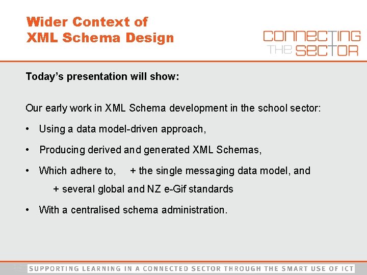 Wider Context of XML Schema Design Today’s presentation will show: Our early work in