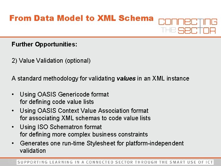 From Data Model to XML Schema Further Opportunities: 2) Value Validation (optional) A standard