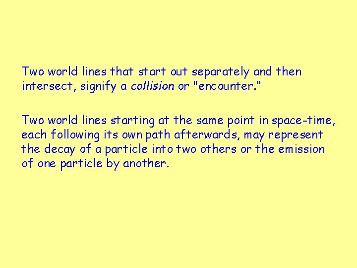 Two world lines that start out separately and then intersect, signify a collision or