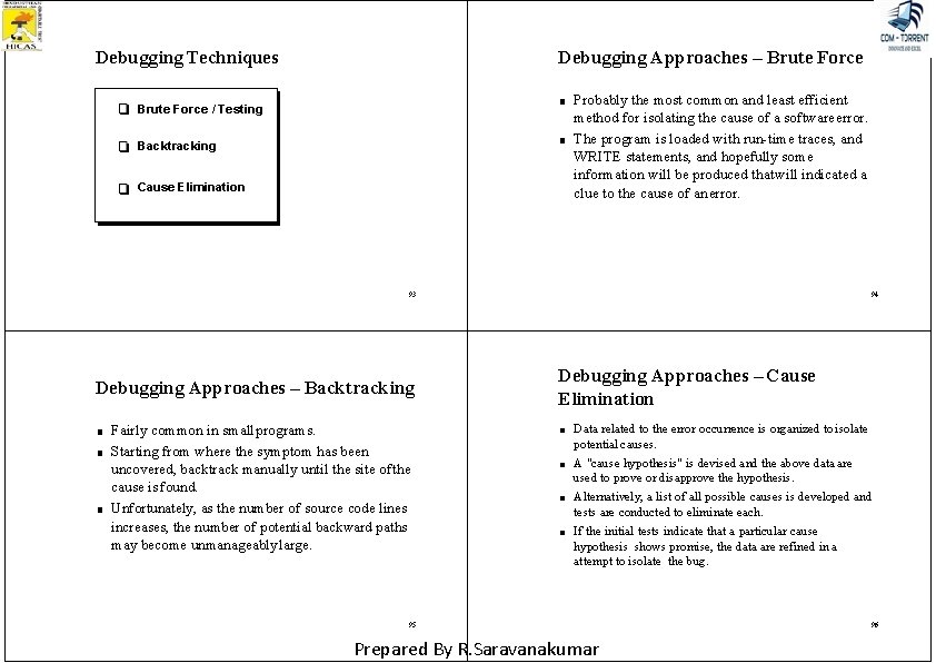 Debugging Techniques Debugging Approaches – Brute Force ■ Brute Force / Testing ■ Backtracking